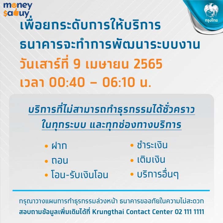 ธนาคารกรุงไทย เวลาปิดปรับปรุงระบบชั่วคราว by.moneysabuy